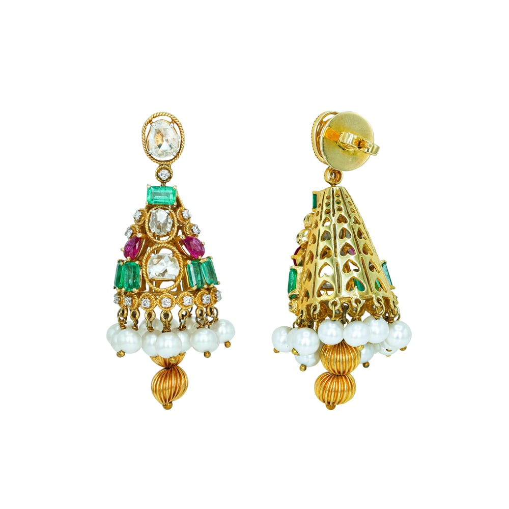 Tiered Polki Jhumkas with Emerald Colour Stone, Ruby, and Pearls